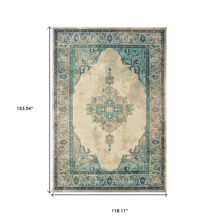 10' X 13' Oriental Distressed Area Rug - Ivory And Blue