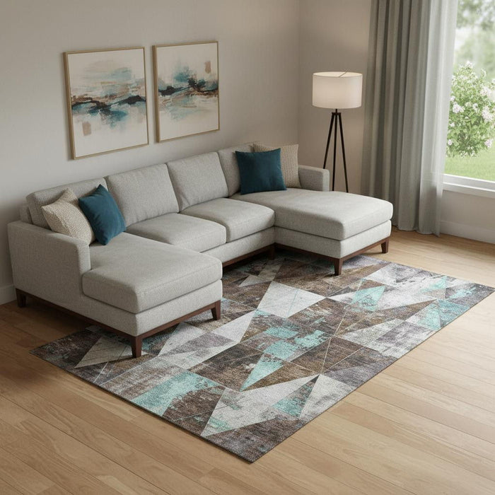 10' X 14' Geometric Washable Area Rug With UV Protection (706969) - Chocolate / Teal