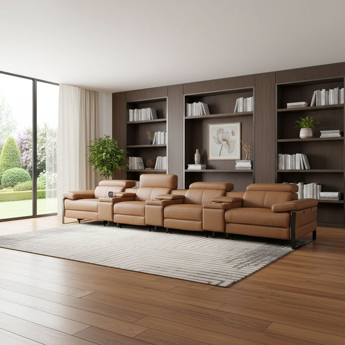 Top Grain Leather Reclining Metal USB Sofa (720353) - Chestnut