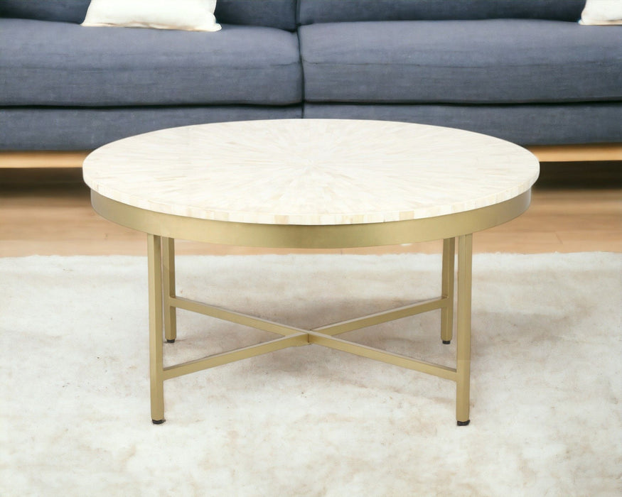 18" Wood And Steel Round Coffee Table - Ivory And Gold