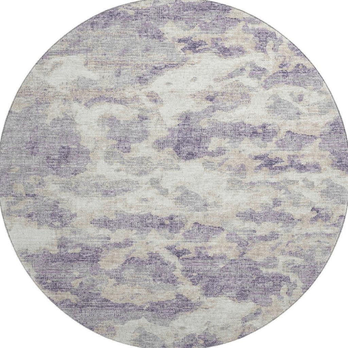 8' Abstract Washable Round Rug With UV Protection - Purple / Ivory