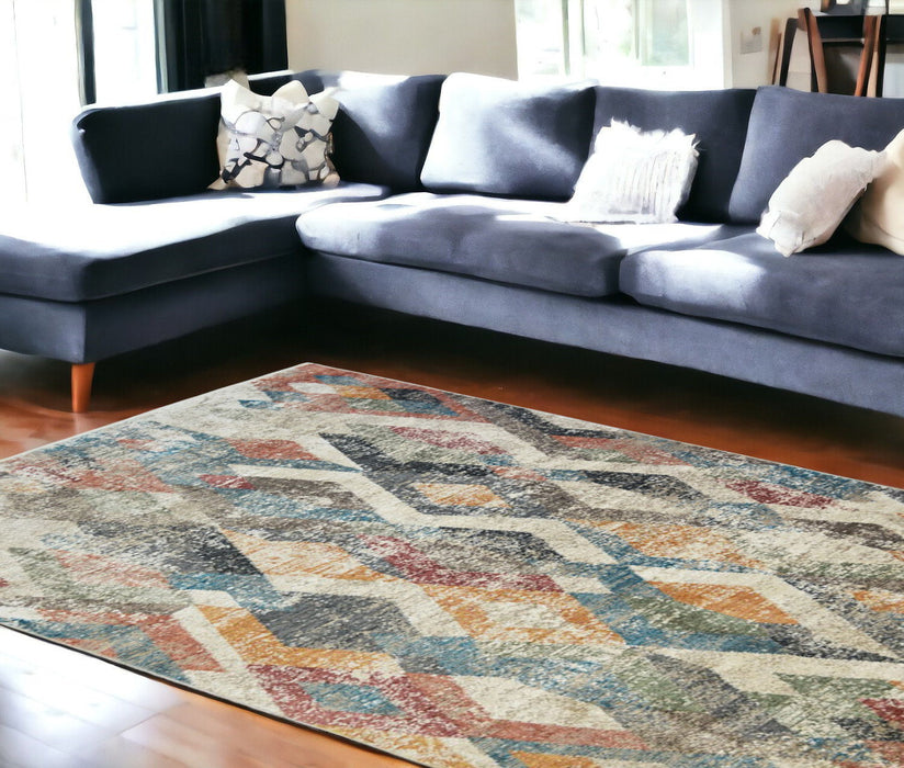 9' x 13' Geometric Distressed Area Rug With Fringe - Beige Blue And Gray