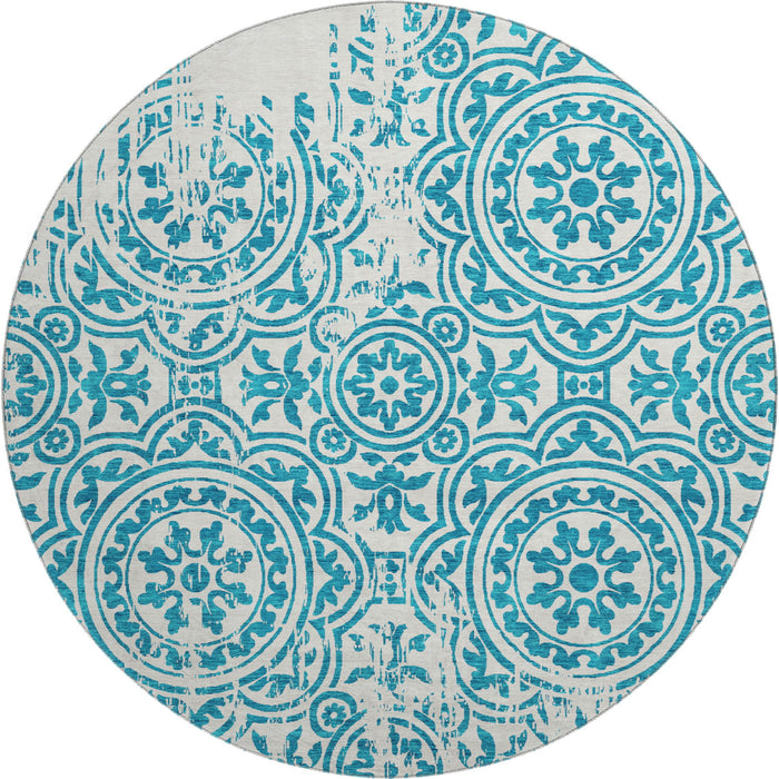 8' Medallion Washable Round Rug With UV Protection - Teal / Ivory