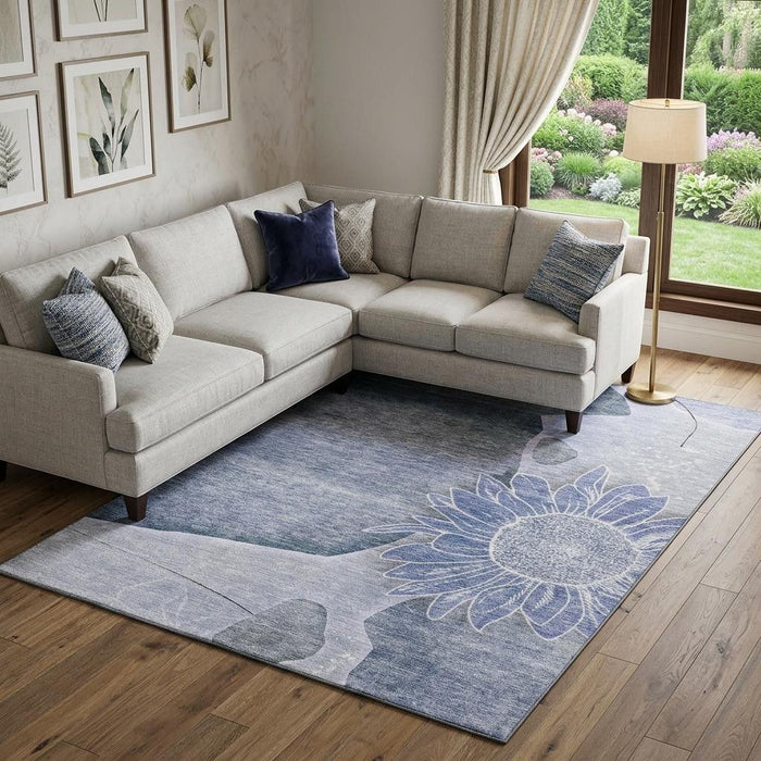 10' X 14' Floral Washable Area Rug With UV Protection (656795) - Blue / Ivory