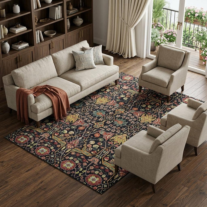 10' X 14' Floral Washable Area Rug With UV Protection (685988) - Black / Gold / Teal / Red