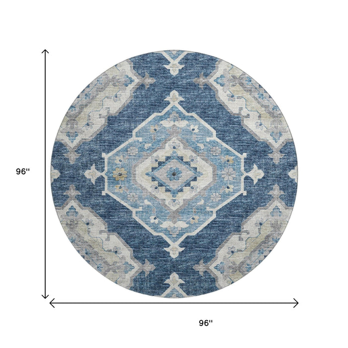 8' Tribal Distressed Washable Round Rug With UV Protection (644195) - Blue / Ivory