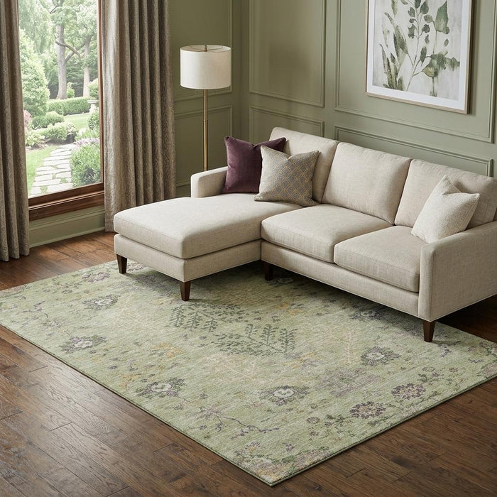 10' X 14' Floral Washable Area Rug With UV Protection (687029) - Artichoke Green / Gold / Beige