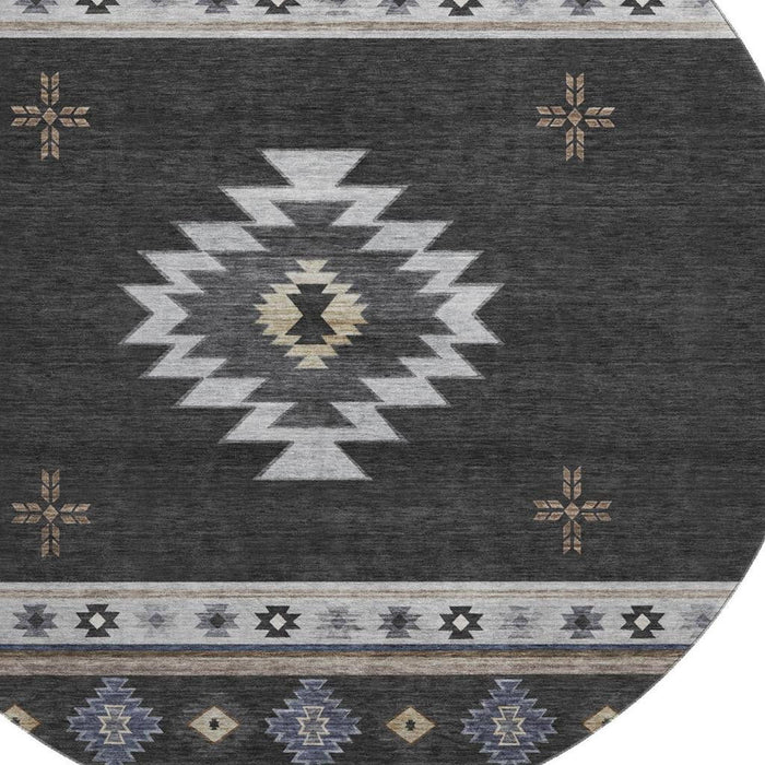8' Geometric Washable Round Rug With UV Protection (645687) - Midnight / Ivory / Beige