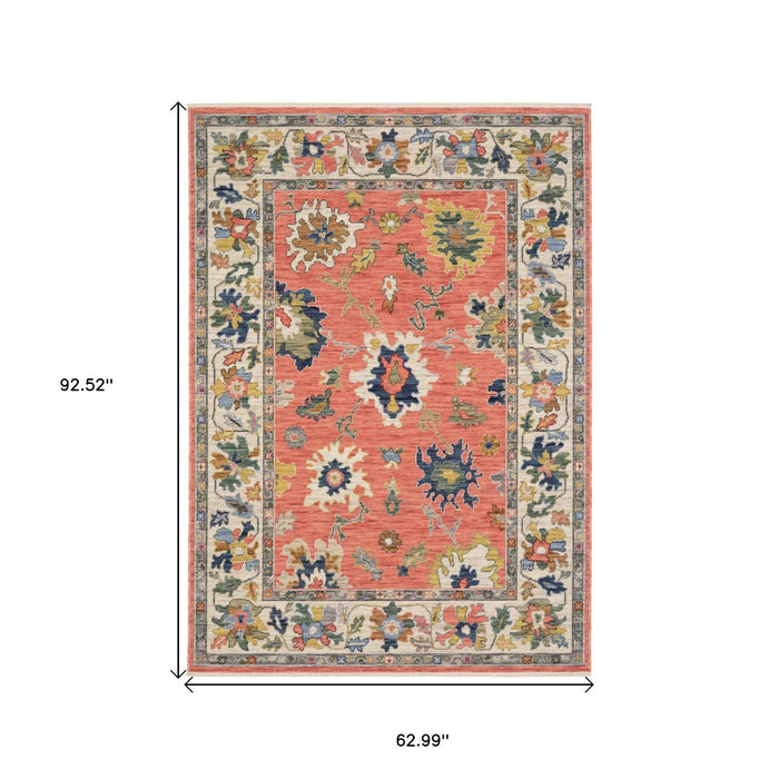 5' X 8' Oriental Area Rug With Fringe - Salmon