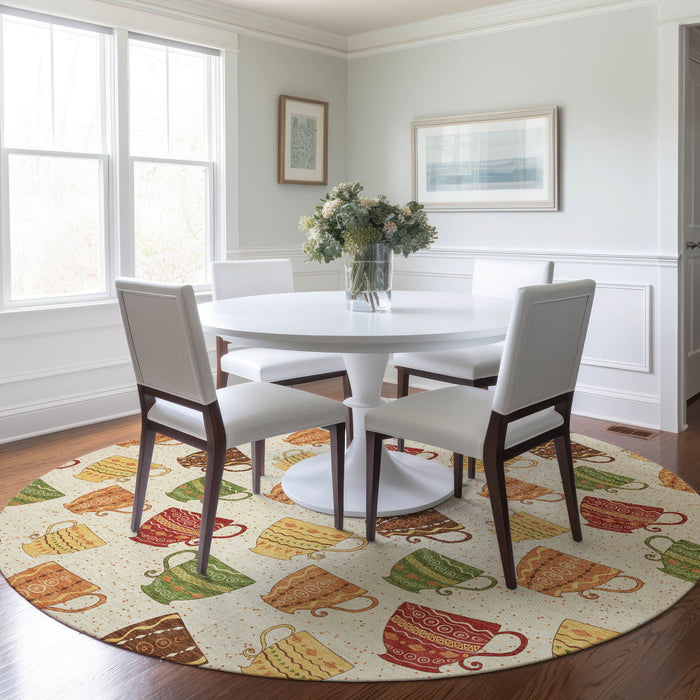 8' Geometric Washable Round Rug With UV Protection - Ivory