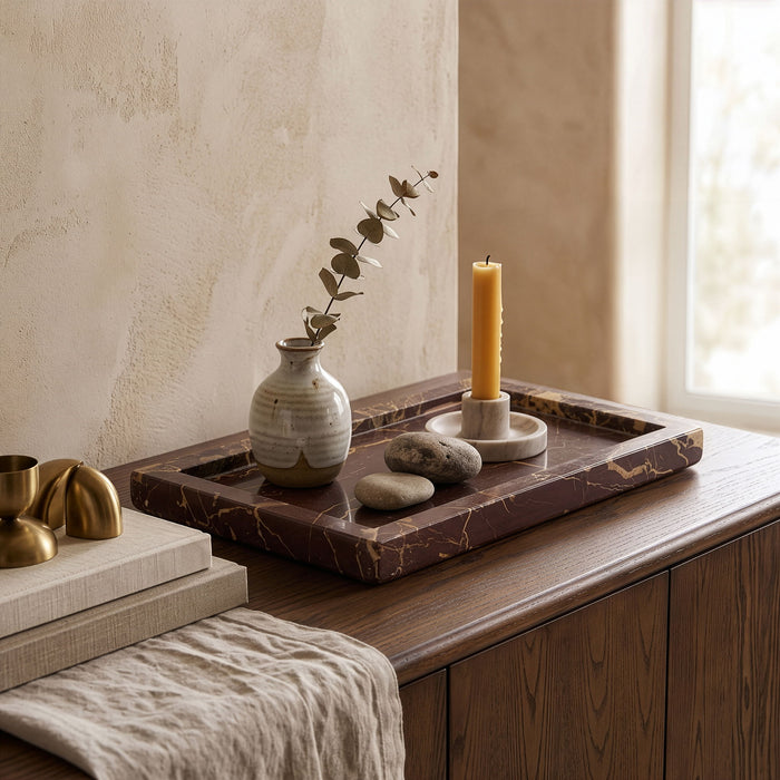 Nolan genuine marble tray by Meridian Furniture, square tray with polished marble surface and sleek edges for elegant home decor.