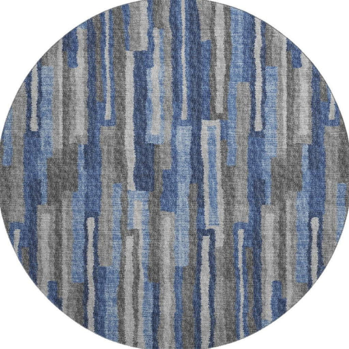 8' Transitional Abstract Washable Polyester Round Rug With UV Protection - Blue / Gray