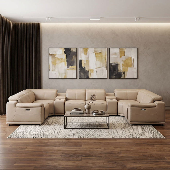 Modular Leather U-Shaped 8 Piece Corner Sectional With Console - Beige