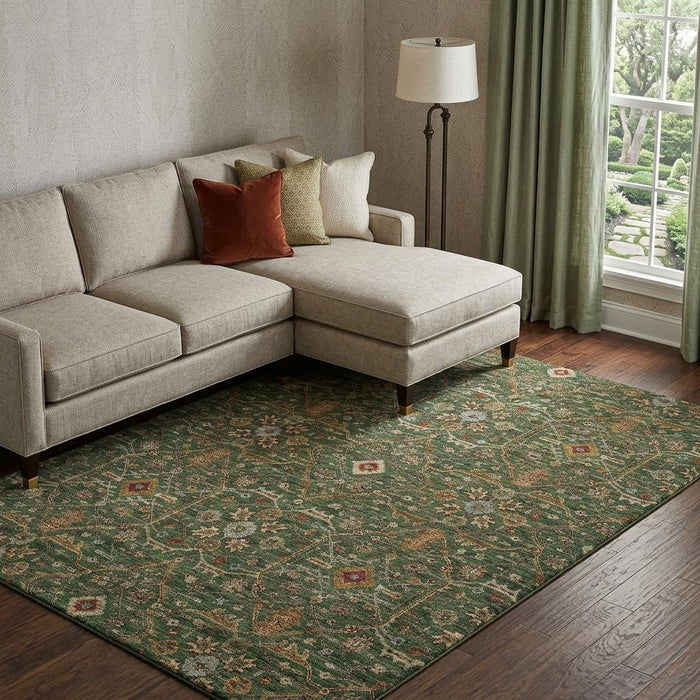 10' X 14' Oriental Washable Area Rug With UV Protection (685456) - Emerald / Copper / Beige