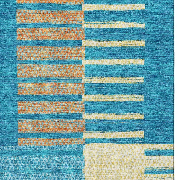 10' X 14' Striped Washable Area Rug With UV Protection (675684) - Teal / Orange / Gold