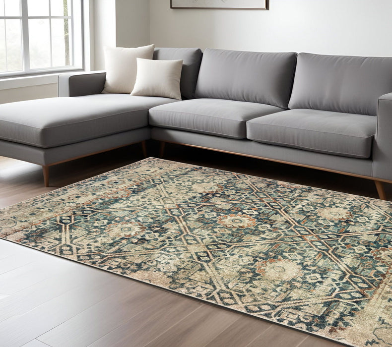 10' X 13' Geometric Distressed Area Rug - Blue And Ivory