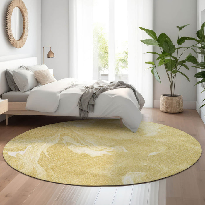 8' Abstract Washable Round Rug With UV Protection - Gold And Ivory