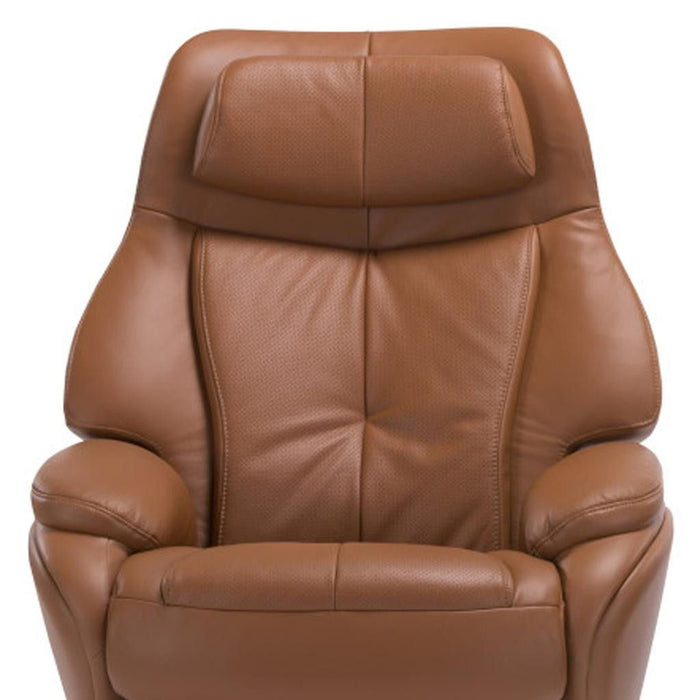HomeRoots tufted genuine leather swivel recliner and ottoman in russet color with plush cushioning and classic design.