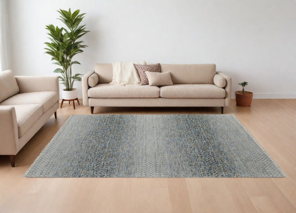 6' x 9' Wool Hand Knotted Area Rug With Fringe - Ivory Blue And Brown