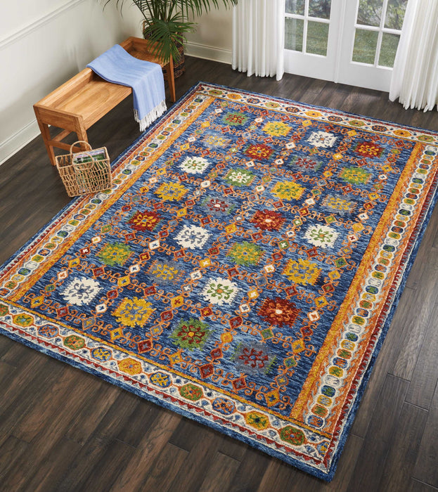 8' X 11' Wool Floral Hand Tufted Distressed Area Rug - Navy Blue