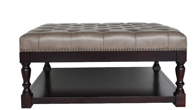 Leather And Solid Wood Coffee Table With Shelf - Gray And Dark Brown
