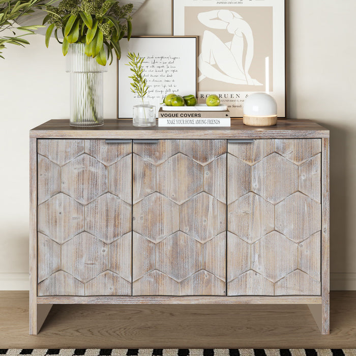 Giga farmhouse-style wooden accent cabinet with four doors, ideal for living room, entryway, or dining room storage.
