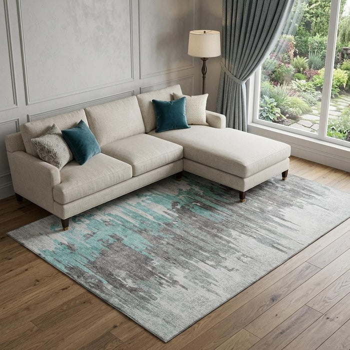 10' X 14' Abstract Washable Area Rug With UV Protection (656963) - Teal / Gray / Ivory