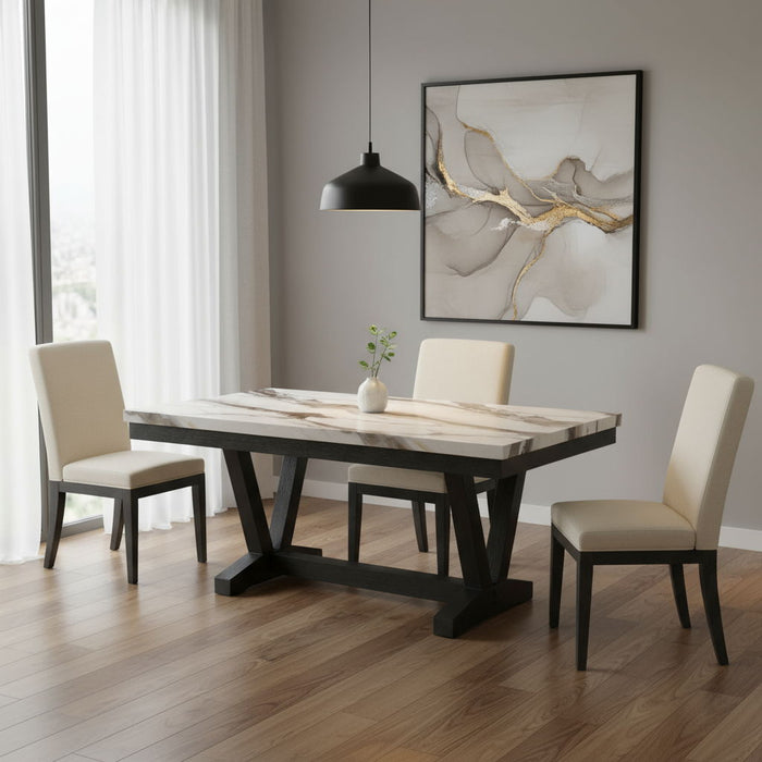 72" Faux Marble And Wood Trestle Base Dining Table - Black / White