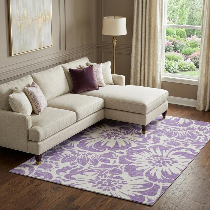 10' X 14' Floral Washable Area Rug With UV Protection (648694) - Purple / Ivory