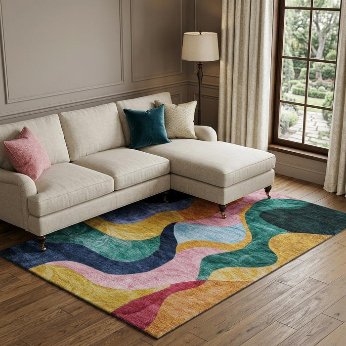 10' X 14' Abstract Washable Area Rug With UV Protection (684846) - Green / Orange / Teal / Pink
