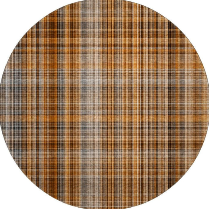 8' Plaid Washable Round Rug With UV Protection (648313) - Terra Cotta / Gray