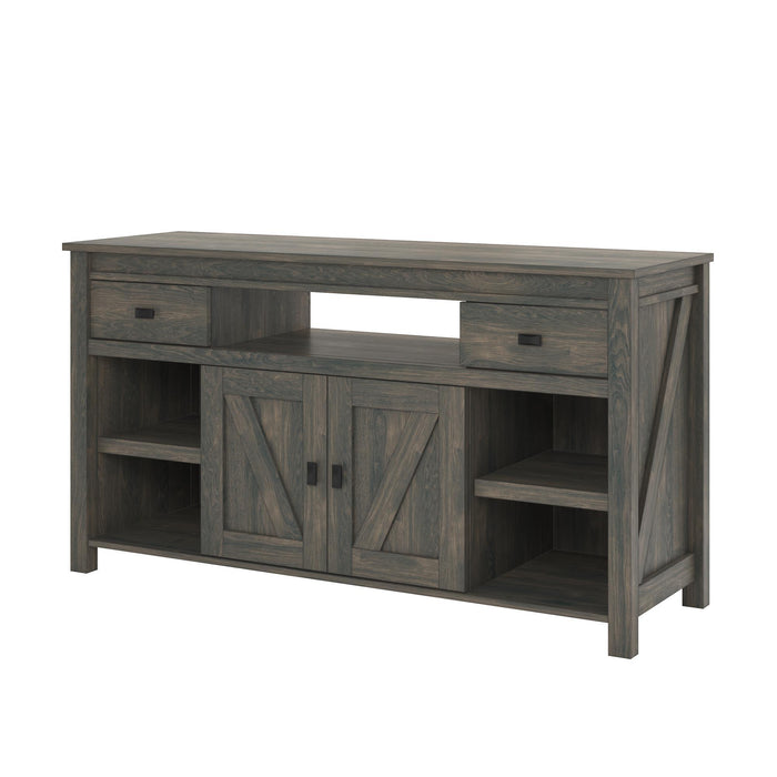 Giga Farmington oak TV stand for TVs up to 60 inches, featuring a sleek modern design with open shelving and storage compartments.