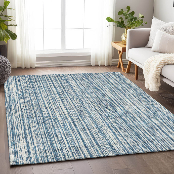 10' X 14' Striped Washable Area Rug With UV Protection - Blue And Ivory