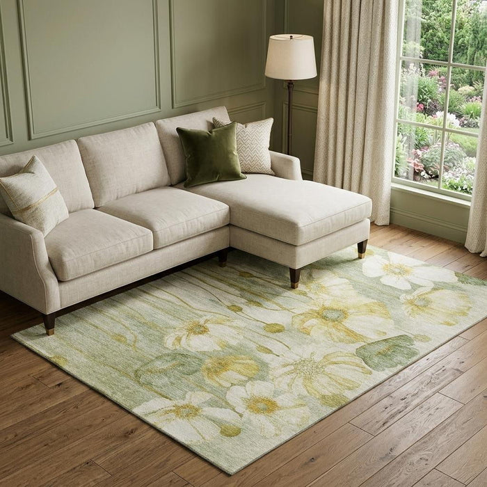 10' X 14' Floral Washable Area Rug With UV Protection (657323) - Sage / Gold / Ivory