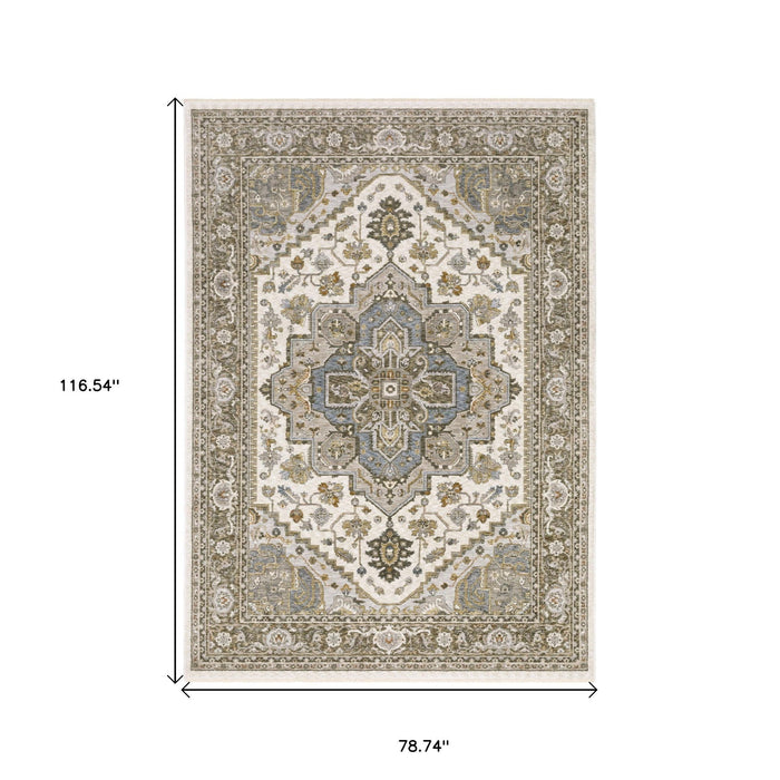 7' X 10' Medallion Distressed Area Rug With Fringe - Ivory And Gold