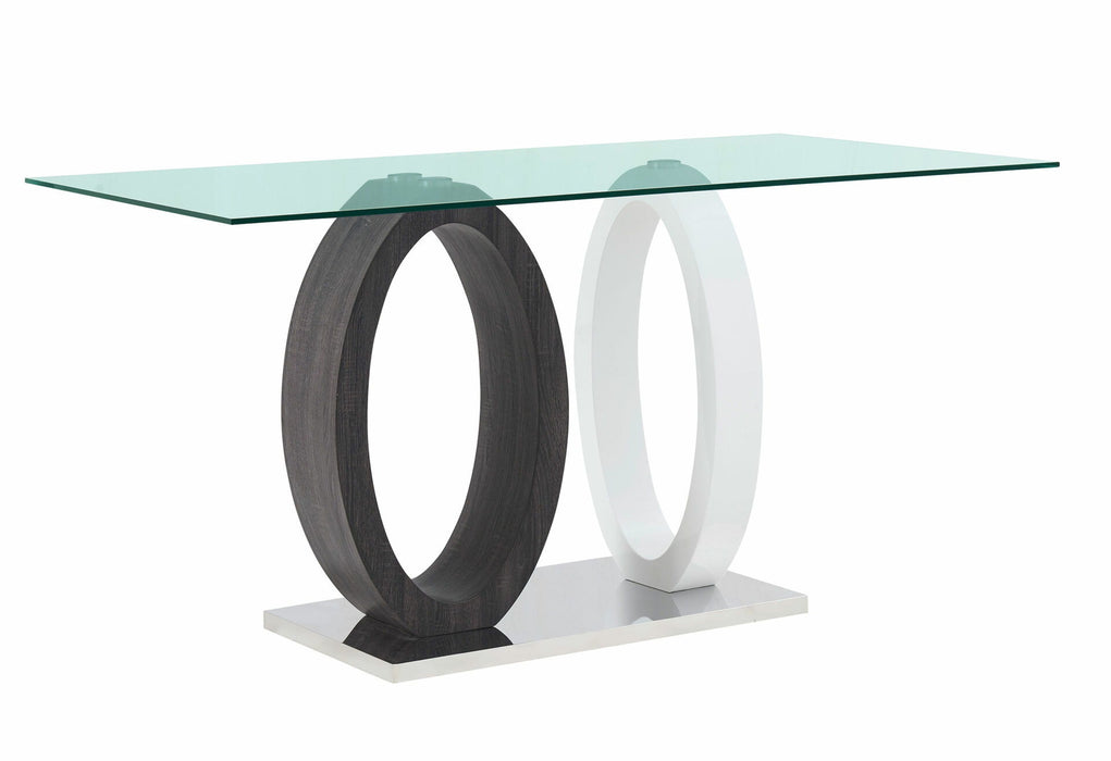63" Glass And Metal Double Pedestal Base Dining Table - Gray / White