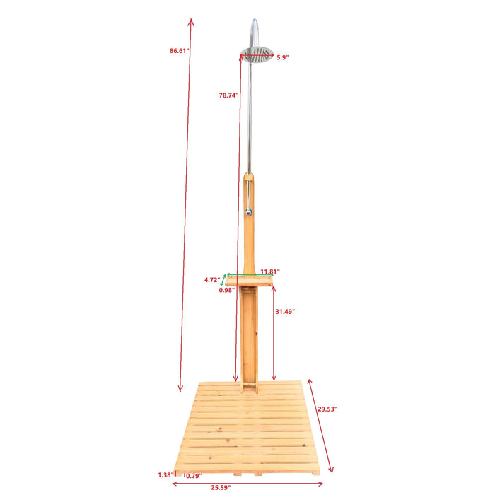 Giga outdoor garden pool shower with chassis board, outdoor shower for patio, featuring metal frame and water spray head.