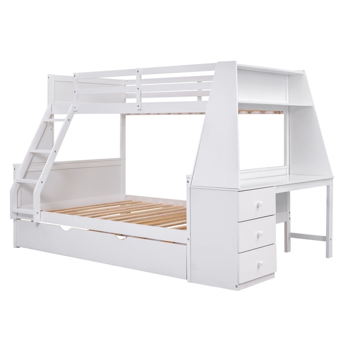 Giga bunk bed with built-in desk, trundle, three storage drawers, and a shelf, featuring a sturdy wood frame and modern design.