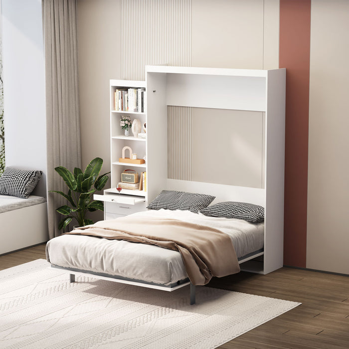 Giga modern vertical Murphy bed with built-in shelf and drawers, wall-mounted space-saving storage bed with gas struts in bedroom or guestroom