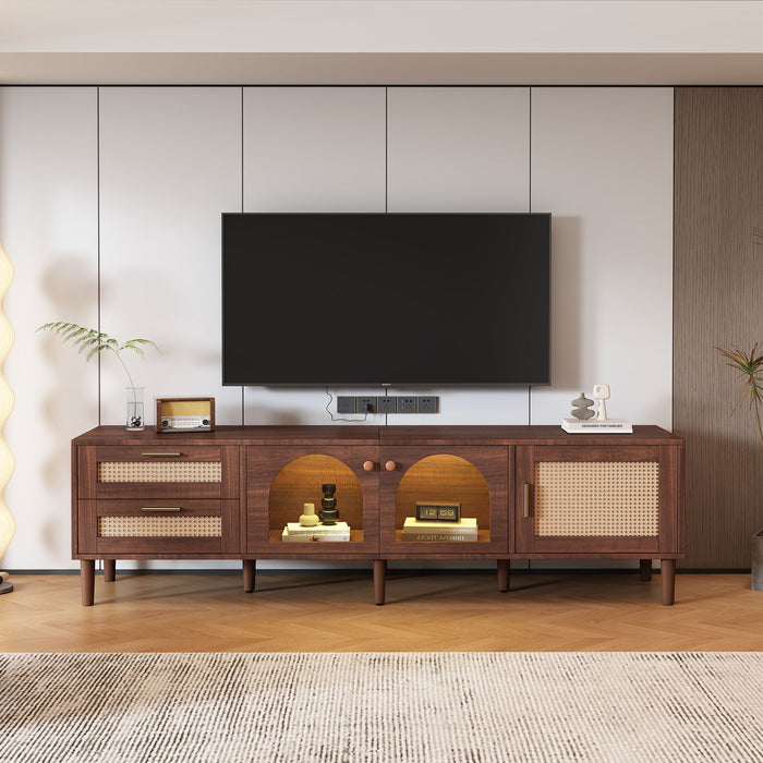Dark brown Giga TV stand with three cabinets, two drawers, and LED lighting for up to 80-inch TVs, modern media console.