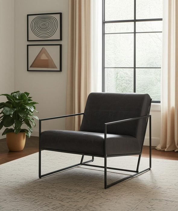 Genuine Leather Metal Lounge Chair - Black