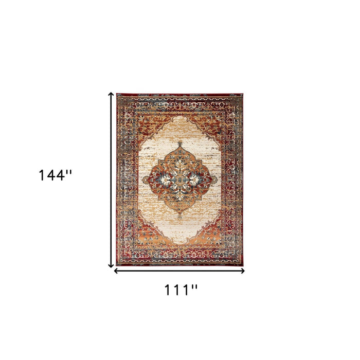 9' x 12' Medallion Power Loom Area Rug - Ivory Red And Orange