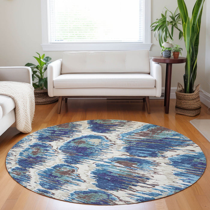 8' Diamond Washable Round Rug With UV Protection - Blue