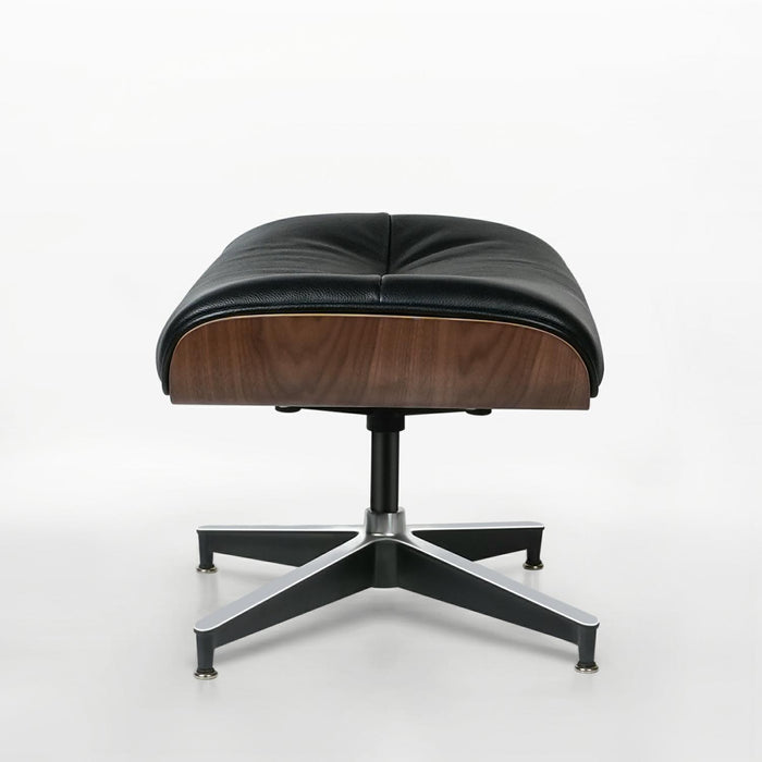 Black tufted genuine leather lounge chair with stainless steel frame and matching ottoman, modern stationary seating by HomeRoots.