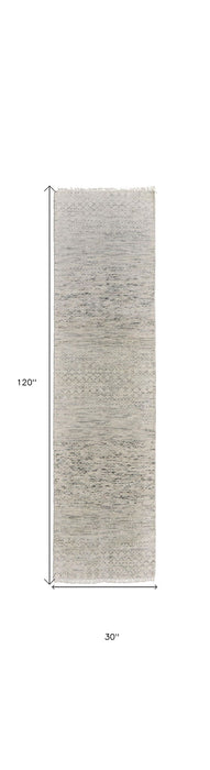 10' Wool Hand Knotted Runner Rug With Fringe - Ivory And Gray