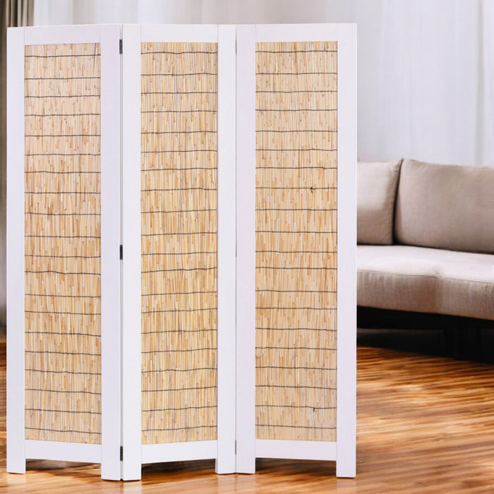 Manufactured Wood Folding Three Panel Screen Room Divider - White And Natural