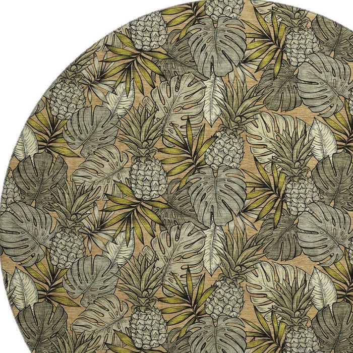 8' Tropical Botanical Distressed Washable Round Rug With UV Protection (646370) - Khaki / Gray / Yellow