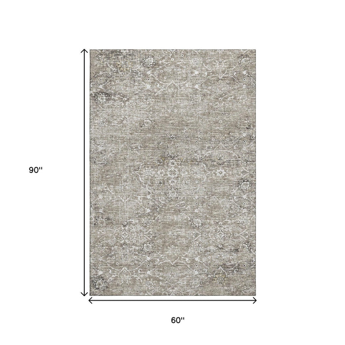 5' X 8' Floral Medallion Distressed Washable Area Rug With UV Protection (644206) - Stone / Coffee