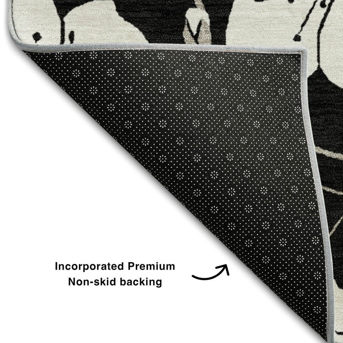 10' X 14' Floral Washable Area Rug With UV Protection (681017) - Black / Ivory