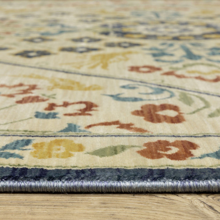 7' X 10' Oriental Area Rug With Fringe - Ivory And Navy Blue